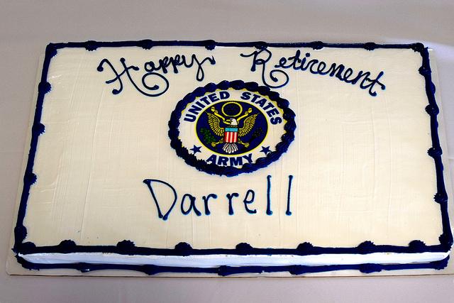 Photo of cake with "Happy Retirement Darrell" written on it.